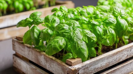 Fresh basil plants in rustic wooden box on kitchen counter.