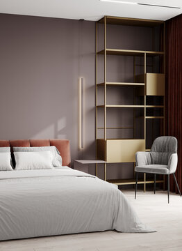Lavender violet bedroom with gold accent details.Modern stylish hotel 