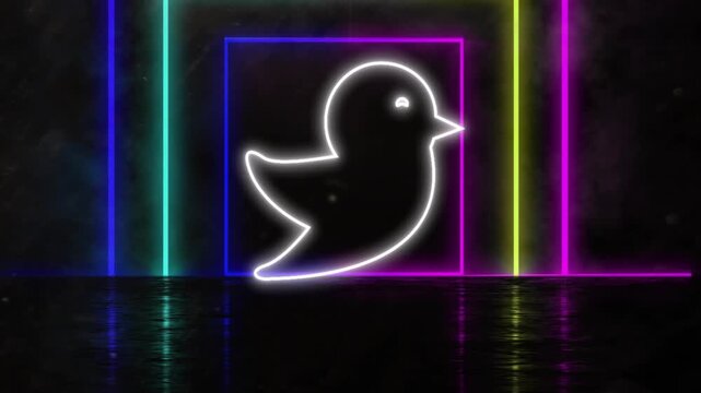 Animation of neon bird icon over glowing neon pattern on black background