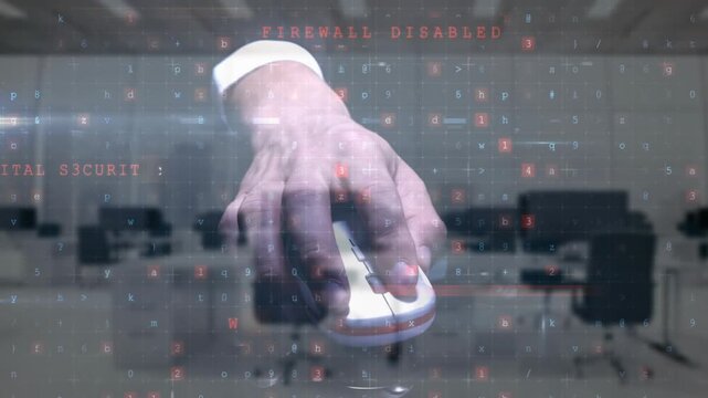 Hand using computer mouse, cybersecurity animation with malware detected text over office