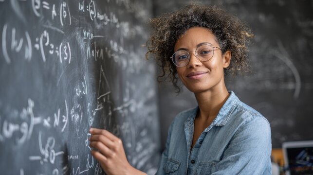 Female african adult teacher writing formulas on chalkboard in classroom.