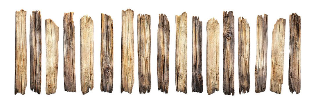 Set of rustic wooden planks, isolated on transparent cutout background