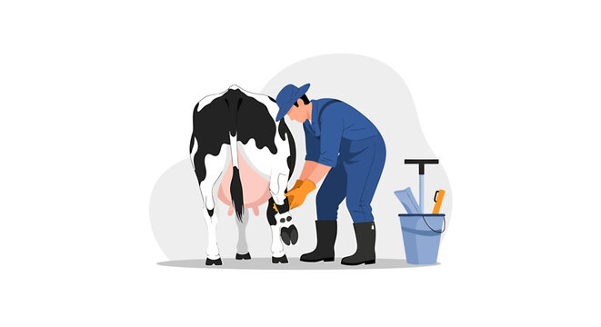 Farmer Milking a Dairy Cow on a Farm.