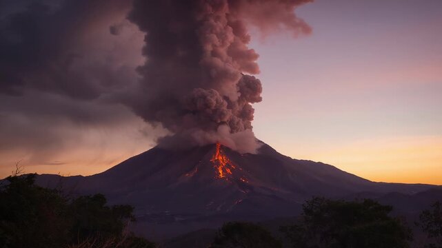 Erupting stratovolcano at dusk after magma rise, emitting ash plume and glowing lava flows, trees