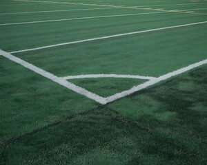 Obraz premium Title: A close-up view of a football field showing the white painted lines forming the goal area with green grass and yellow boundary lines