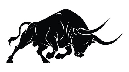 A striking black silhouette of a powerful bull head lowered in a charging pose © MDRABBI
