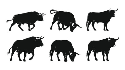 Silhouettes of six bulls in various poses showcasing strength and animal form