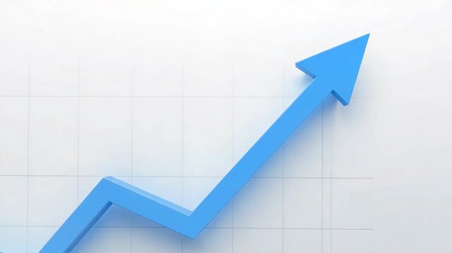 Panning camera showing blue 3D zigzag arrow moving toward upper-right on grid, indicating rise