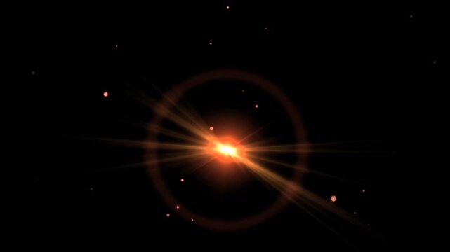 Bright orange lens flare explosion with glowing particles and light rays on black background cinematic energy burst animation