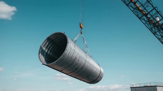 Crane hoisting corrugated cylinder over rooftop for repositioning, with orange hook and slings