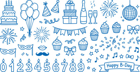 Blue birthday icons set with party symbols gifts cakes and decorations on white background for celebration design