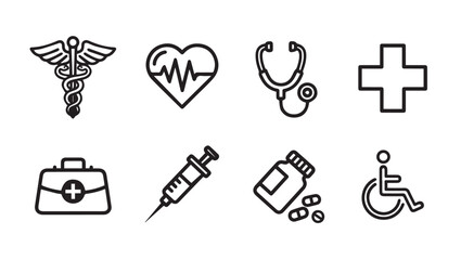 Set of medical icons: caduceus heartbeat stethoscope cross bag syringe pills wheelchair