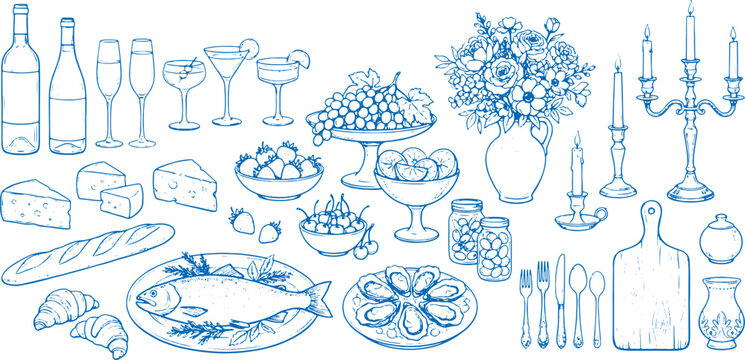 Elegant dining table setting with wine food and decorations for a special occasion or party