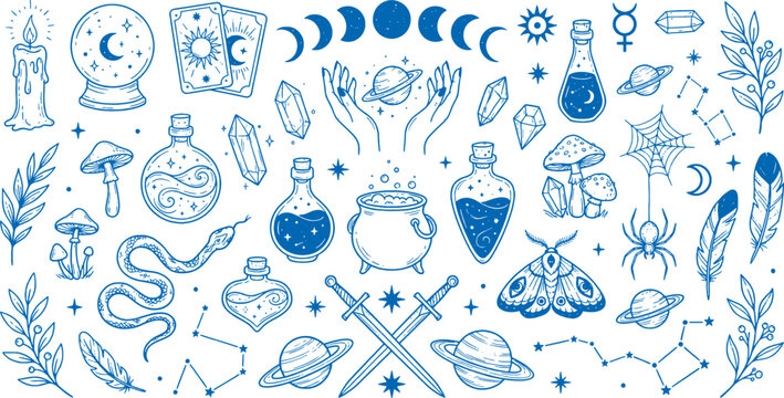 Mystical collection of occult symbols celestial bodies and magical elements including potions crystals tarot cards a crystal ball snakes mushrooms moths feathers and ancient