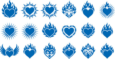 Collection of blue heart symbols with flames and wings on white background representing love and passion © Meizan 