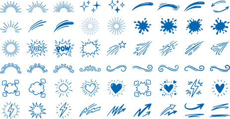 Collection of blue comic book style illustration design elements including explosion speed heart and lightning bolt icons on white background for graphic design © Meizan 