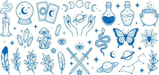 Mystical symbols and objects for magic astrology and spirituality on white background blue illustrations © Meizan 