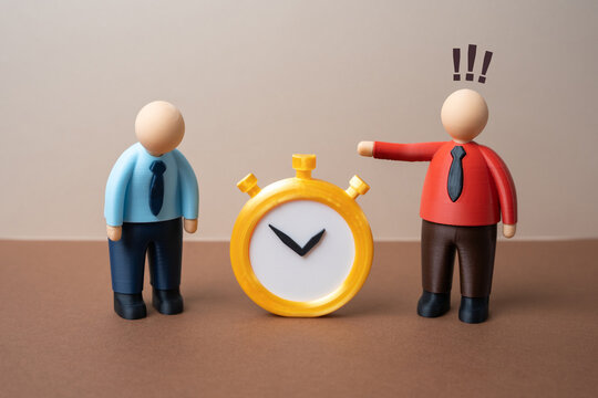 The boss reprimands the employee for being late. Missed deadlines and overtime at work. Workplace discipline and time management issues. Corporate pressure and burnout concept.