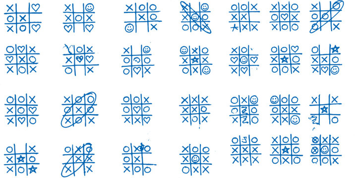 Collection of unique blue hand drawn tic tac toe game boards on white background for design and leisure
