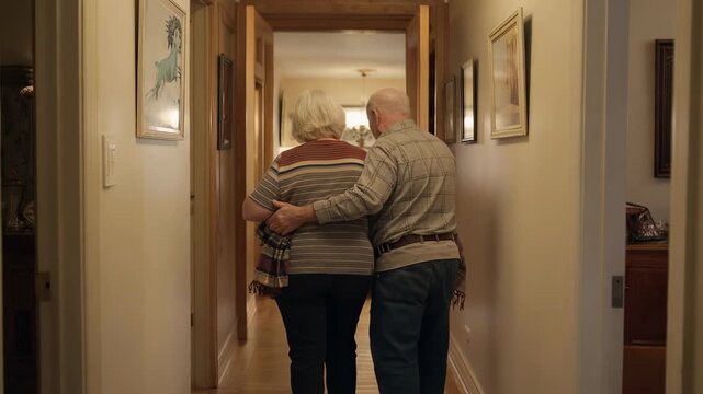 Walking senior pair starting toward bright room in home hallway, woman in striped top holding scarf