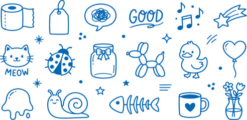 Whimsical hand drawn doodle collection featuring charming cartoon icons like a cute cat with 'meow' text a ladybug a toilet paper roll a gift tag a jar with a bow a balloon animal © Meizan 