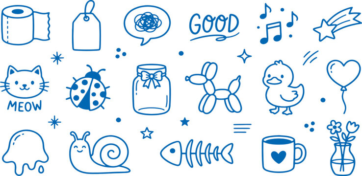 Whimsical hand drawn doodle collection featuring charming cartoon icons like a cute cat with 'meow' text a ladybug a toilet paper roll a gift tag a jar with a bow a balloon animal