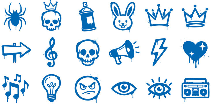 Collection of 20 blue icons including symbols and objects like skulls crowns music notes and graffiti elements on white background for design and creative projects