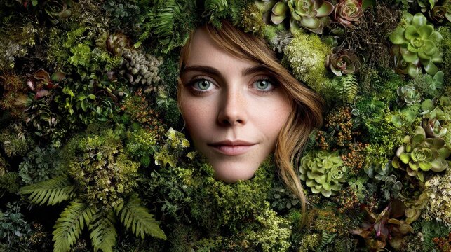 Embraced by Nature: A woman's face, framed by lush foliage and verdant plants, embodies the harmony between humanity and nature.