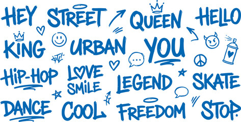 Urban graffiti words and symbols in blue on white background for hip hop street art and culture concepts © Meizan 