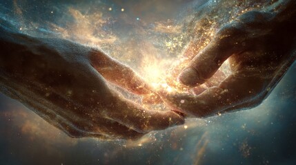 Fototapeta premium Cosmic connection of two ethereal hands in a glowing celestial encounter
