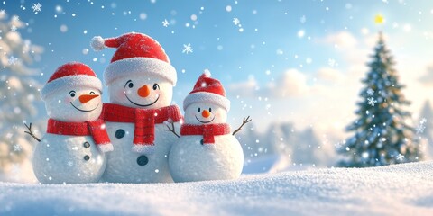 Festive snowman family in winter wonderland with christmas tree and falling snow