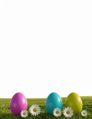 Drei bunte Ostereier stehen auf frischem gr&uuml;nen Gras vor hellem Hintergrund mit viel Freiraum.