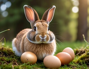 Osterhase sitzt frontal im Gras vor drei naturfarbenen Eiern im warmen Sonnenlicht.