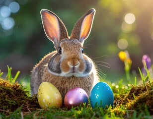 Osterhase sitzt auf einer gr&uuml;nen Wiese neben drei bunten Ostereiern im Fr&uuml;hling.