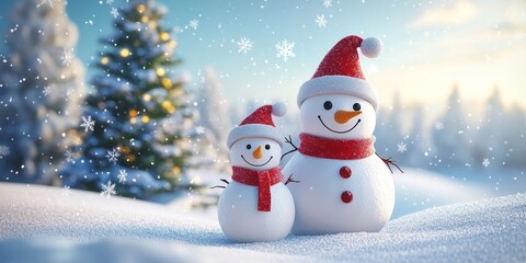 Obraz premium Festive snowman family in snowy winter wonderland with decorated tree