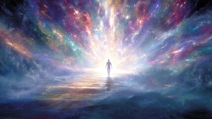 Fototapeta premium Mystical figure in radiant cosmic landscape.