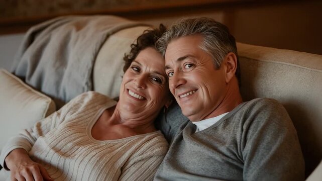 Smiling mature couple responding to camera, posing on sofa wearing cream sweater and gray pullover
