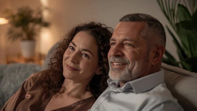Opening eyes, browntop woman leaning on lightshirted man, both smiling, turning toward lamp in home
