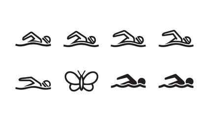 Set of Swimmer Icons and Butterfly Illustration on White Background Minimalist Style