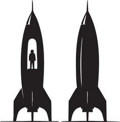 Obraz premium Black silhouettes of two rockets one with a person inside white background spacecraft