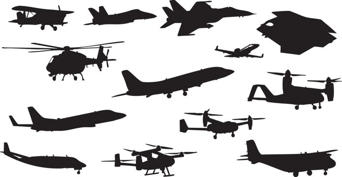 Black silhouettes of various airplanes and helicopters on white background 1