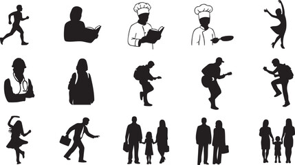 Black silhouettes of people performing various activities on white background running