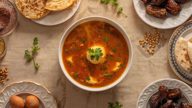 Pulling back camera revealing kitchen tabletop, showing tomato soup for serving with poached egg