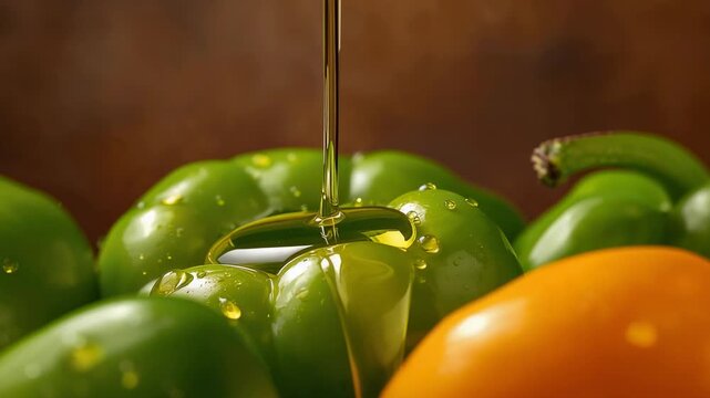 Pouring oil stream forming drop on green bell pepper in studio for styling, orange pepper present