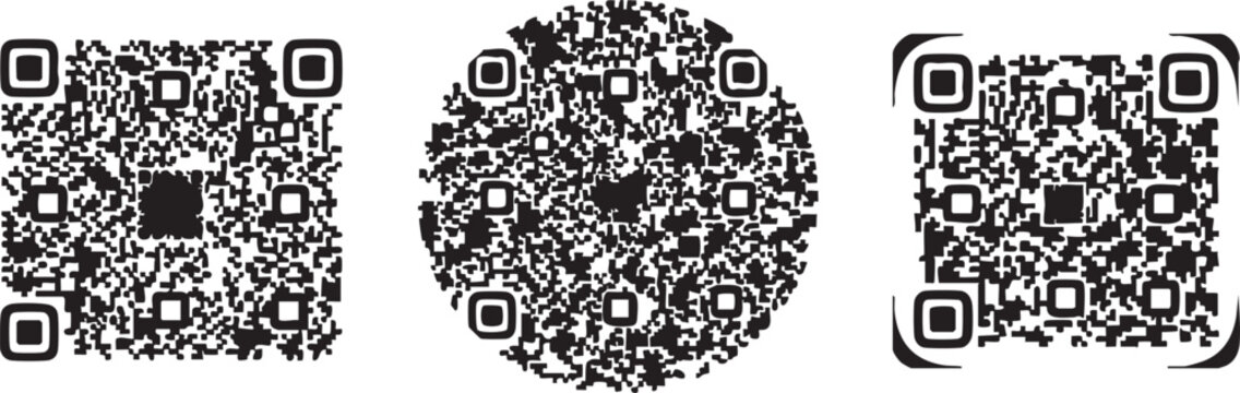 Three Q R codes in different shapes on white background qr code black and white square circle