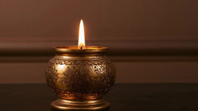 Flickering engraved brass candle holder showing flame changes on polished tabletop, wick and wax