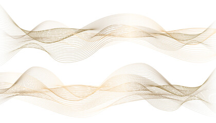 White background with golden wavy soft transparent lines, delicate shimmer, and an exquisite abstract gradient texture. Golden gradient flowing threads. Isolated vector illustration