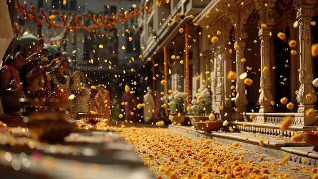 Spiritual 4K Holi celebration with flowers and colors in a traditional temple setting inspired by Vrindavan.