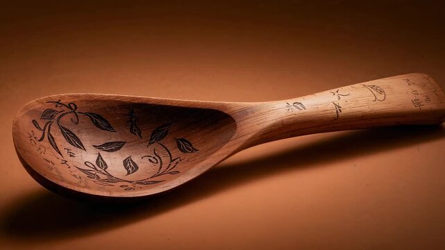 Moving light, zooming in to show wood spoon leaf-vine carving and etched handle on warm table