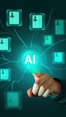 AI recruitment. Automated resume screening and skills assessment. Business manager using AI-powered hiring automation system.